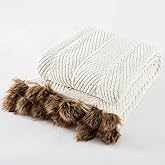 CloudDwelling Chenille Knit Pompom Throw Blanket Fluffy Fuzzy Soft Lightweight Cozy Farmhouse Tassels Chunky Knitted Throws for Couch Sofa Bed (White, 50"x60")