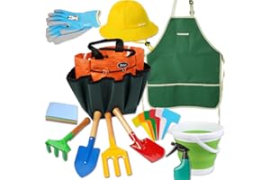 DOIAZ Kids Gardening Set -Real Metal Gardening Tools Kit for Children Includes Sturdy Shovel,Rake,Fork,Trowel,Kid Garden Kit with Sun Hat,Apron,Gloves,Tote Bag,Sprayer and Bucket,Outdoor Gardening Gifts