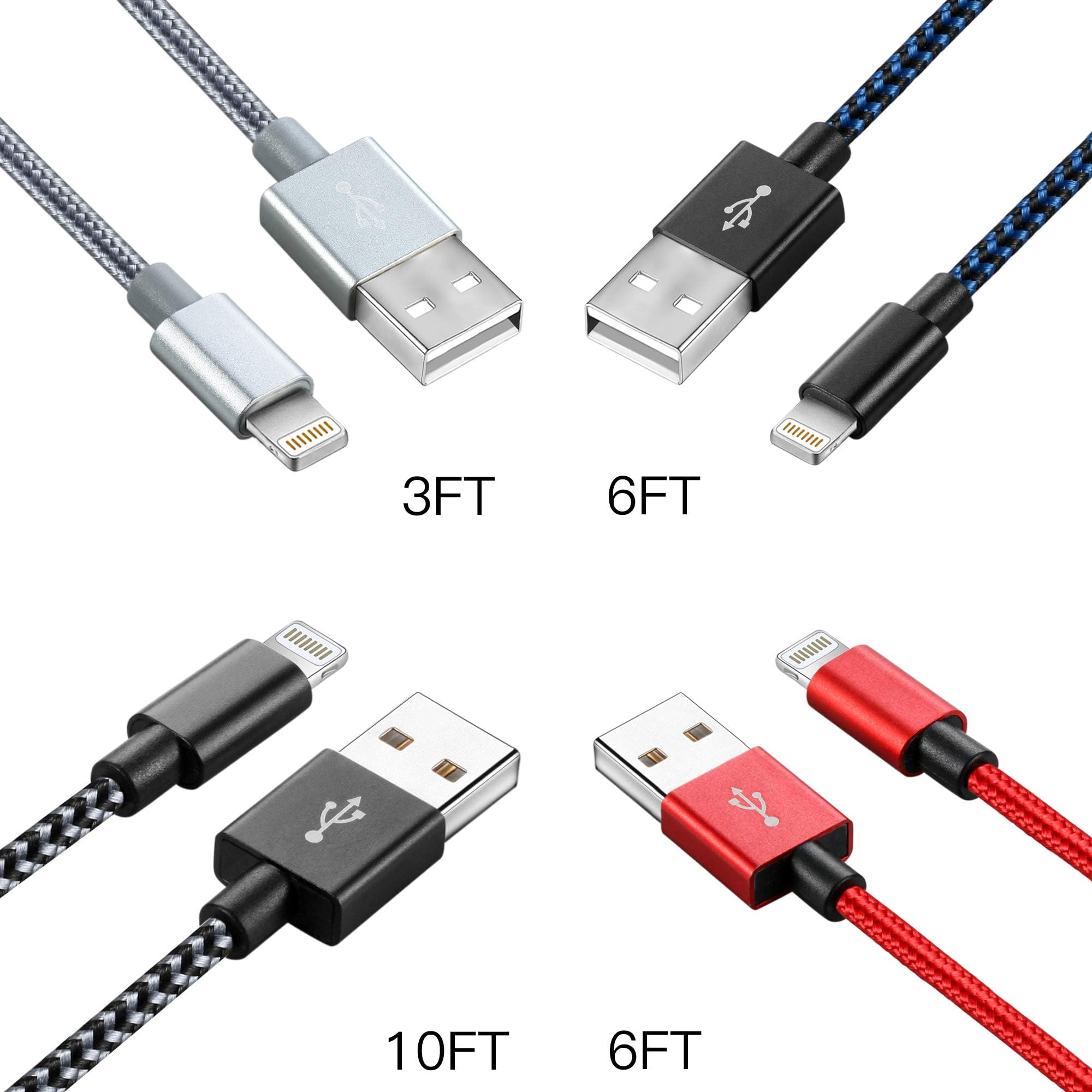 Phone Charger Cable, Baymic 4 Color 4 Packs (3ft+6ft+10ft) Double Nylon Braided USB Sync Charging Cable Cord Compatible with Phone Xs Max XR X 8 7 Plus 6s 6s Plus 6 6 Plus 5s 5c 5 Pad Pro Nano Air