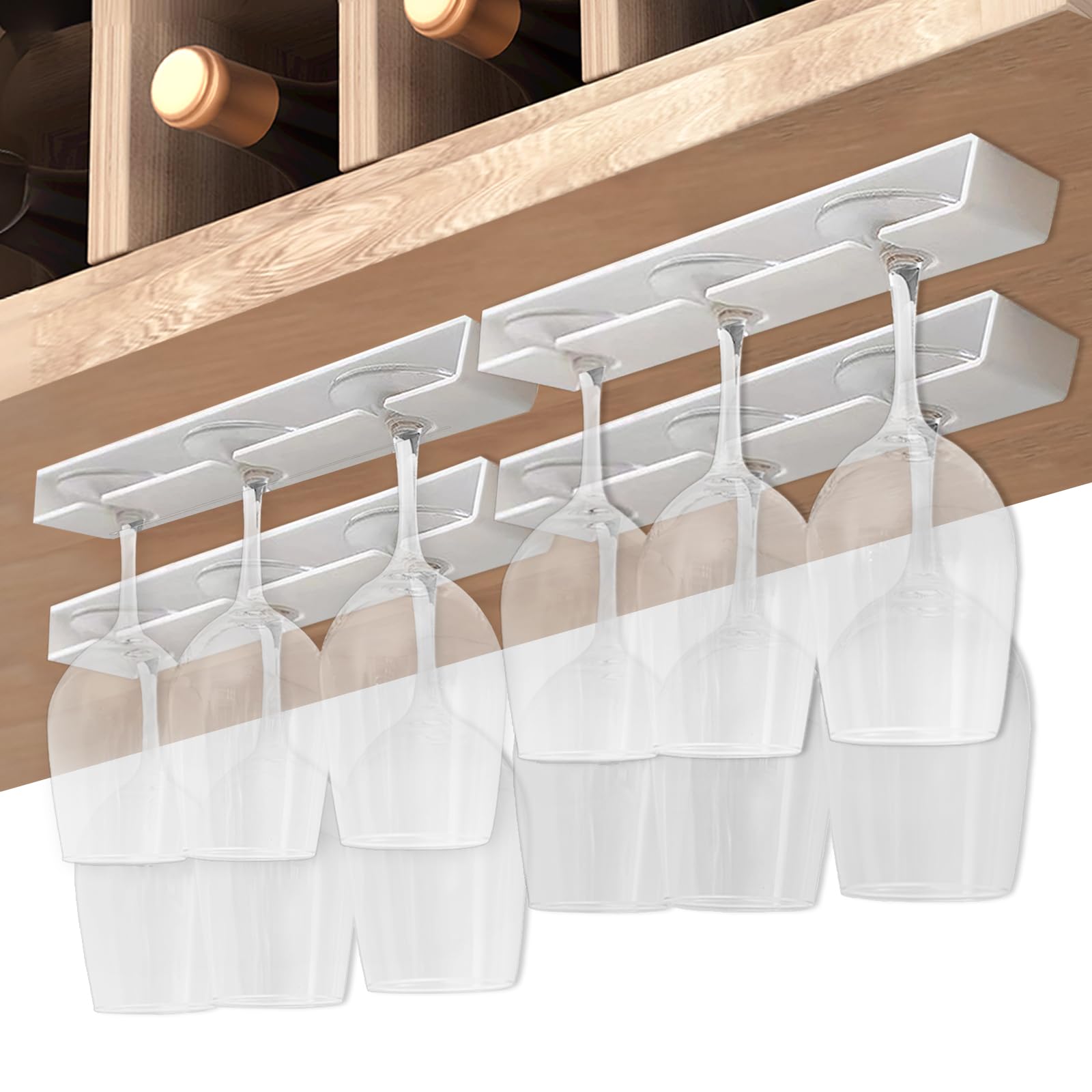 Vaisoeny Wine Glass Holder,Wine Glass Rack 4 Pack,No Drilling Wine Glass Holder Under Cabinet, Hanging Stemware Rack Organizer Hanger for Bar Cabinet Kitchen（White）
