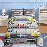 Nesker 7 Pcs Comforter Set Queen Size, Car Bus Truck Bedding for Kids Teen, Tree Construction Road with Fitted Sheet 2 Pillowcases & 2 Shams for Bedroom Bed Decor