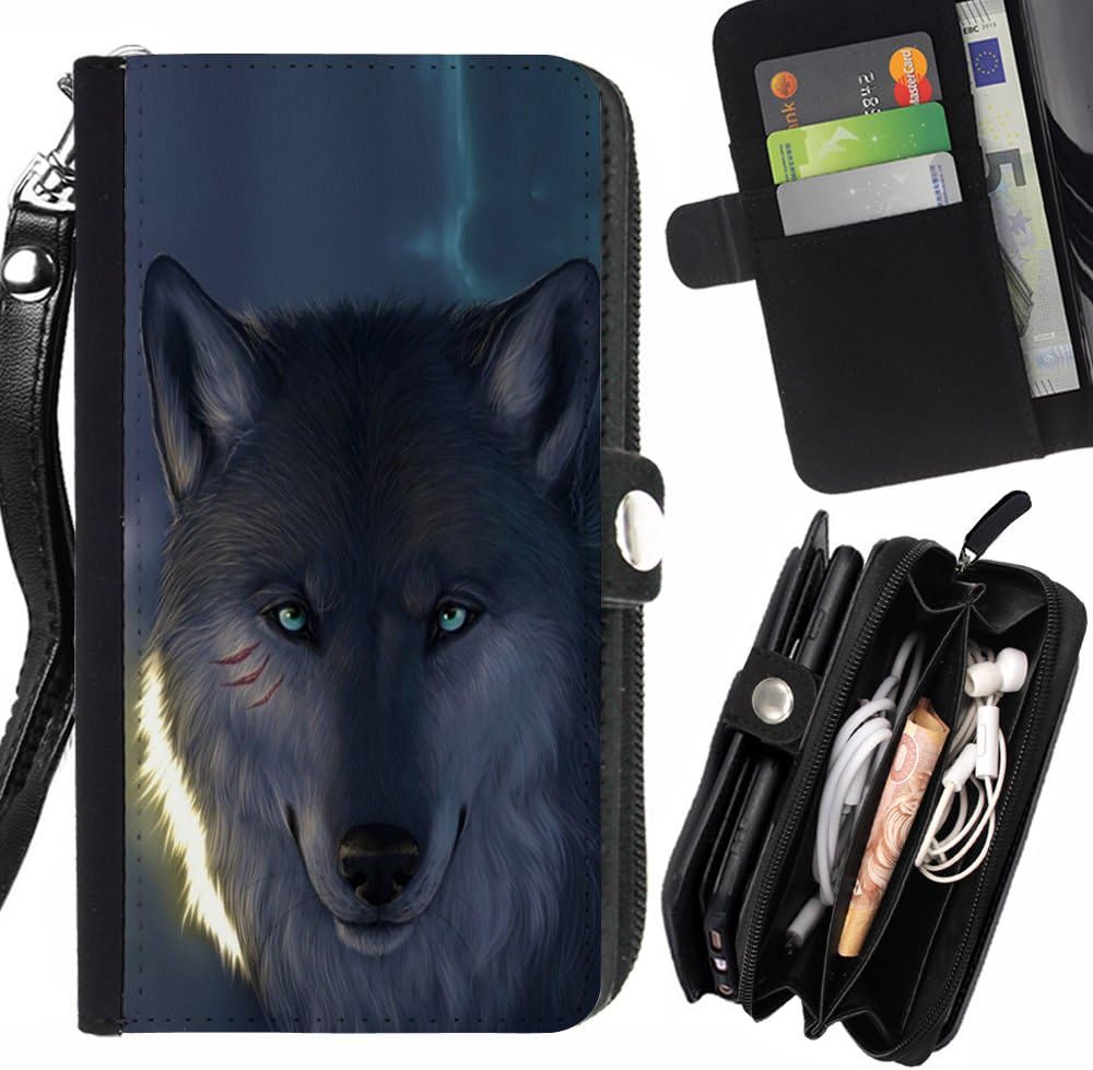 SHIMIN FOR APPLE IPHONE 6 / 6S Blue Eye Glowing Wolf Werewolf Zipper Wallet With Strap Card Holder Case Cover
