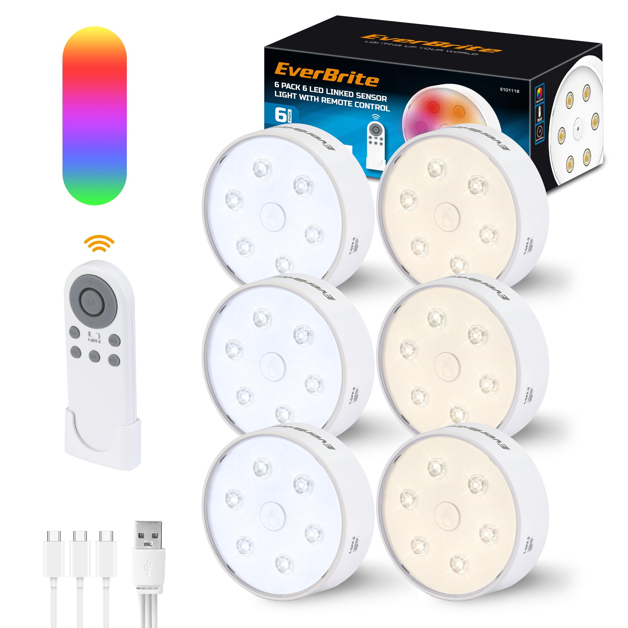 Photo 1 of **INCOMPLETE** EverBrite Puck Lights With Remote, Rechargeable 2000mAh Linked Sensor Under Cabinet, Two Group Control, 10 RGB Colors, Dimmable for Kitchen, Bedroom Closet (6-Pack)