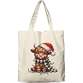 Dlzdn Christmas Highland Cow Tote Bag Winter Reusable Shopping Grocery Bag Beach Bag Birthday Gifts for Women Teacher