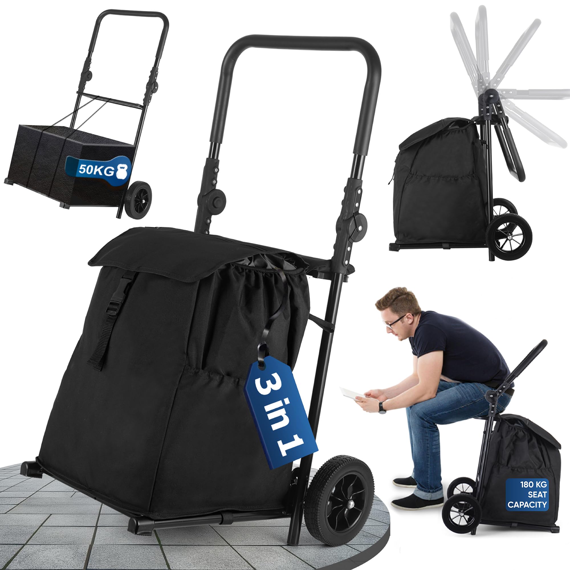 Photo 1 of 3-in-1 Shopping Cart for Groceries, 120L Expandable Grocery Cart on Wheels with Seat, Ergonomic Handle, Heavy-Duty Hand Truck for Groceries, Laundry Basket, Luggage, Travel