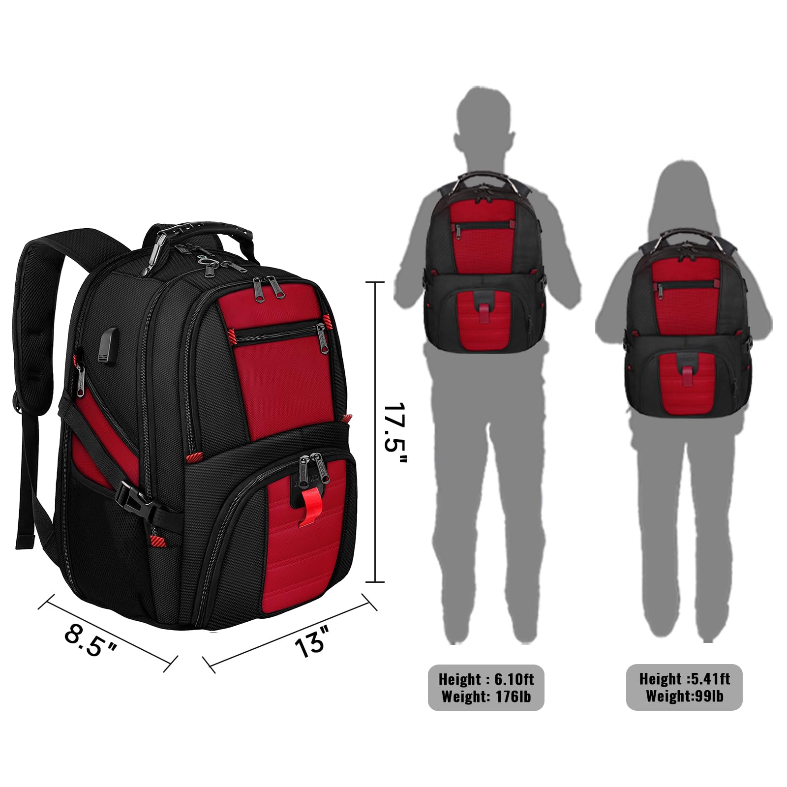 YOREPEK Travel Backpack, Extra Large 50L Laptop Backpacks for Men Women, Water Resistant College Backpack Airline Approved Business Work Bag with USB Charging Port Fits 17 Inch Computer, Bright Red