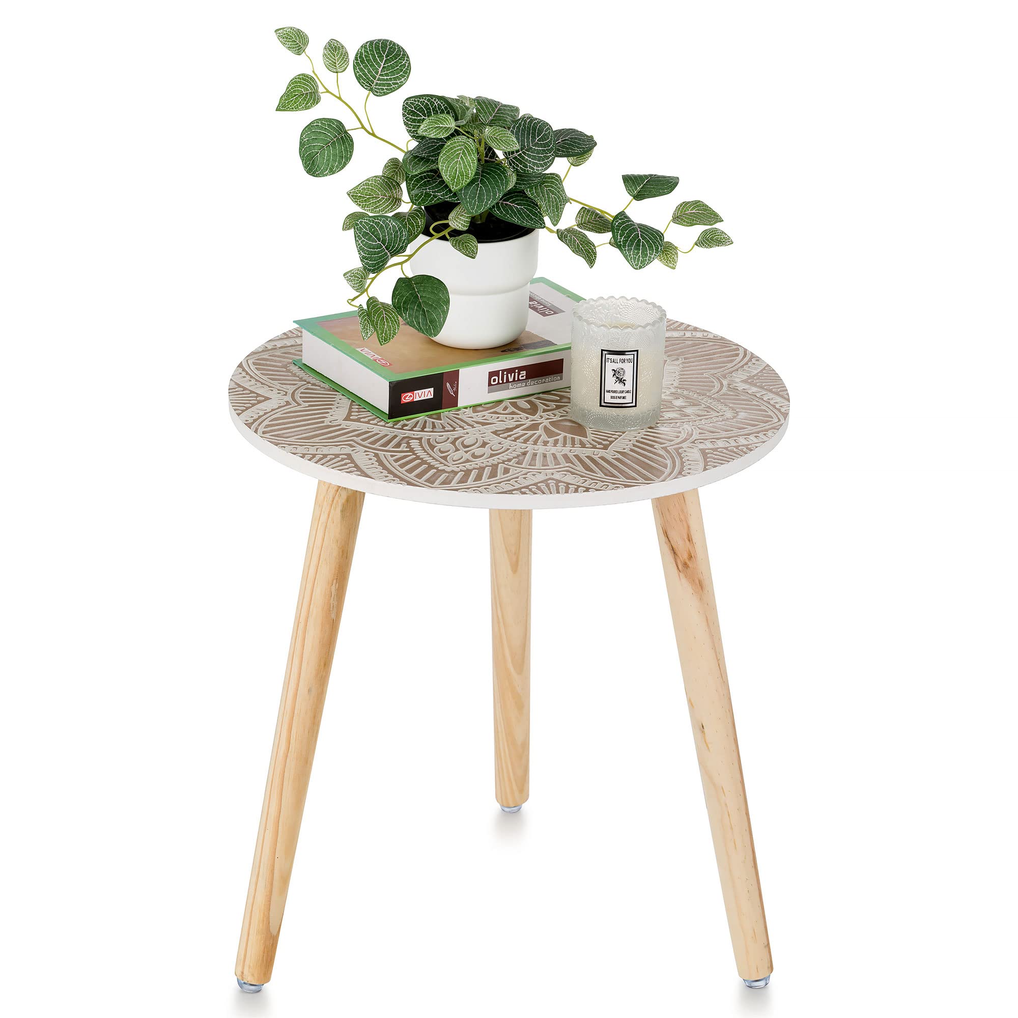 Hanobe Small Round Side Table: Boho Floral End Tables for Living Room Bohemian Accent Bedside Table White Bedroom Nightstand Farmhouse Home Decor Decorative with 3 Wood Legs, Easy Assembly