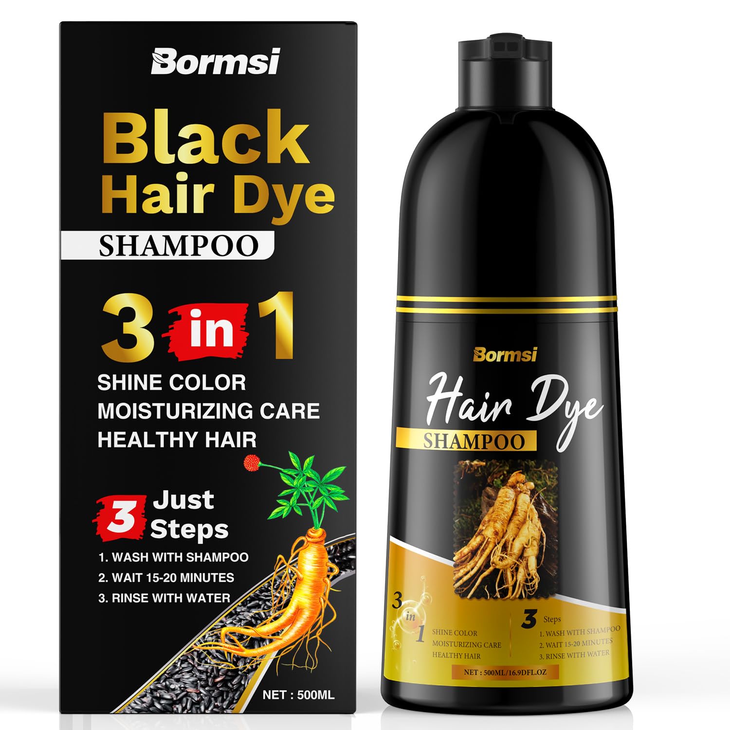 Photo 1 of BORMSI Black Hair Dye Shampoo 3 in 1 with Herbal Natural Ingredients, Hair Color Shampoo for Women or Men for Instant Gray Hair Coverage, Lasting 30 Days, Champu Para Canas Mujer, Ammonia Free (500ml)