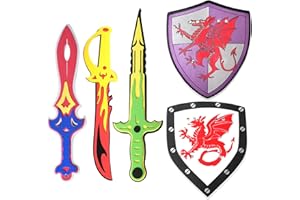YAYYAY Kids Toys for 4-Year-Old Boys - Foam Sword and Shield Play Set for Gifts - 5 Pack Unique Knights Sword and Shield Design - Pretend-Play Foam Weapons for Kids Play Knights, Cool Dragon Shield for Boys