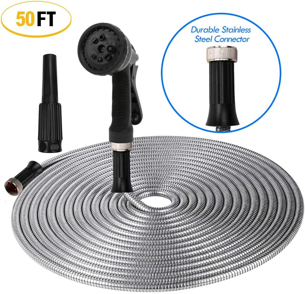 ActionEliters Metal Garden Hose, 304 Stainless Steel Metal Garden Hose with Solid Nozzle Ultra Flexible and Tangle Free Kink Free Outdoor Hose