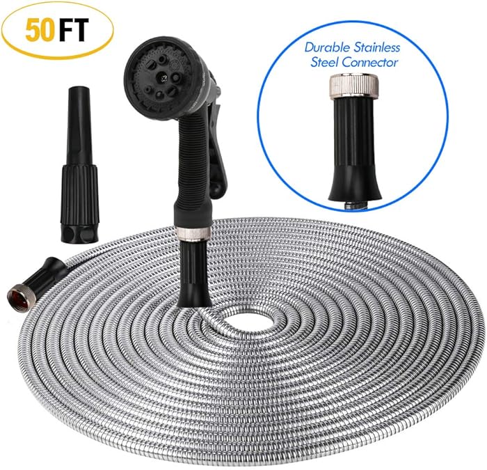 ActionEliters Metal Garden Hose, 304 Stainless Steel Metal Garden Hose with Solid Nozzle Ultra Flexible and Tangle Free Kink Free Outdoor Hose