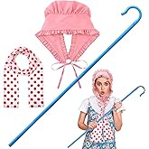 ZhouBoat 3 Pcs Shepherdess Costume Include Shepherd Staff Pink Bonnet Hat Pink Spotted Scarf for Women Party Dress Up Halloween Cosplay Outfit