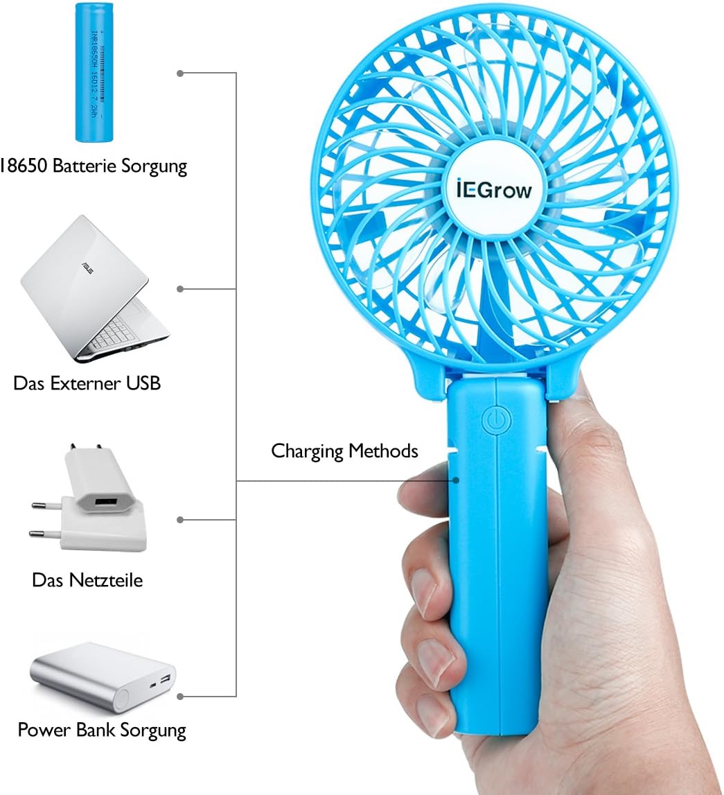 iEGrow Handheld Fan, Portable USB Mini Travel Fan with 2000mAh Rechargeable Battery, 3 Speeds Desk Fan for Home Office and Travel-Blue - Image 4