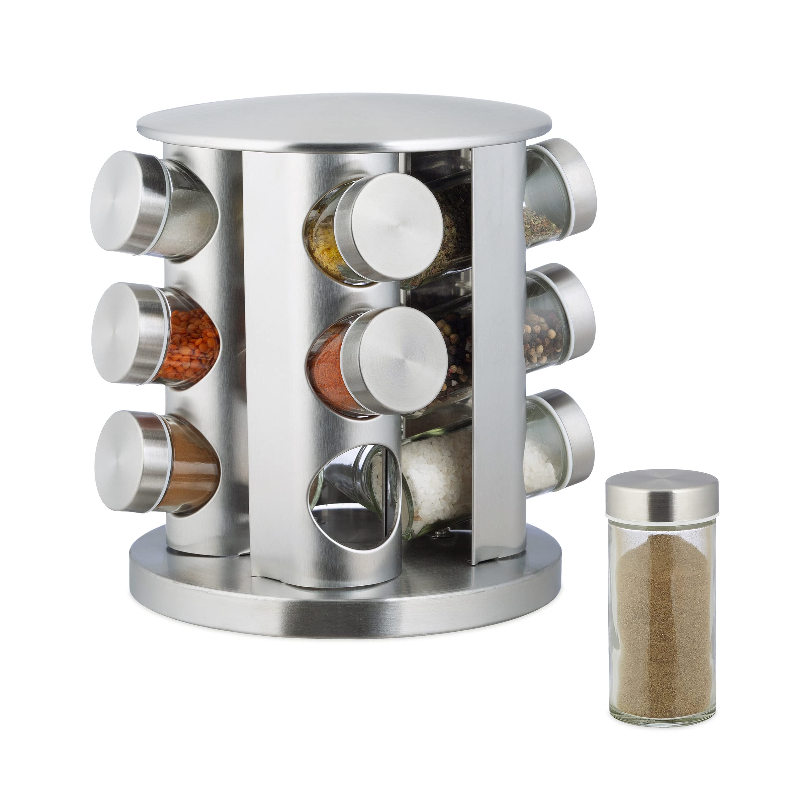 Relaxdays Spice Rack with 12-Piece Shaker Set, Stainless Steel, Revolving, Modern Design, Dishwasher-Safe, Silver