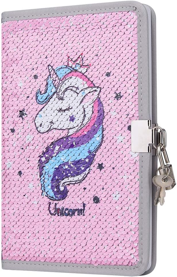 PojoTech Unicorn Notebook Sequin Secret Diary with Lock, Reversible Mermaid Sequin Notebook Private Journal Magic Travel Journal Unicorn Notebook Gift for Adults and Kids (Unicorn04)