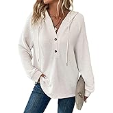 Dokotoo Hoodies for Women Waffle Knit Long Sleeve Drawstring Button V Neck Casual Pullover Sweatshirt Hooded Tops