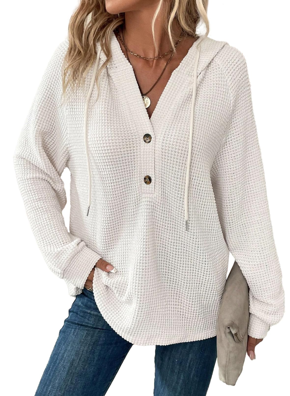 Photo 1 of Dokotoo Hoodies for Women Oversized Waffle Knit Teacher Outfits for Women Drawstring Button V Neck Long Sleeve Casual Lightweight Sweatshirt Hooded Early Fall Fashion Clothes 2025 White Medium