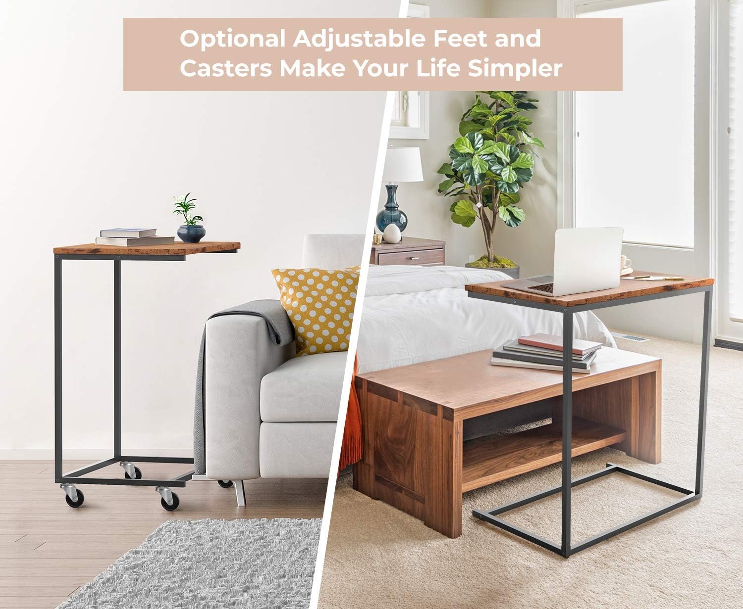 Ohuhu C Shaped Side End Table, Mobile Laptop Table with Optional Adjustable Feet and Casters for Coffee Snack Tablet, Slides Next to Sofa Couch Bed, Vintage Look with Metal Frame, Dark Walnut: Kitchen & Dining