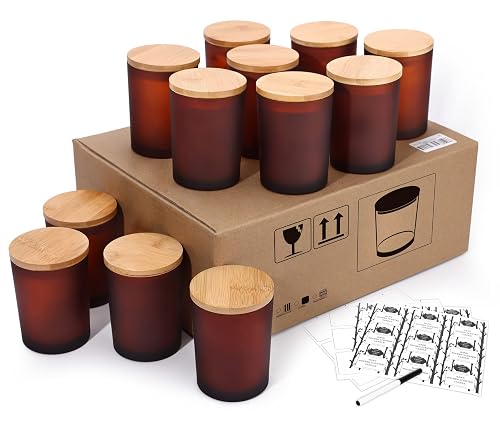Aminigram 12 Pack, 10 oz Frosted Amber Candle Jars with Bamboo Lids and ...