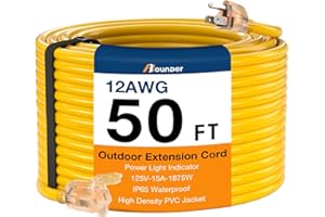 BBOUNDER Outdoor Extension Cord 50 FT Waterproof, 12/3 SJTW Heavy Duty 15A 1875W, Flexible 100% Copper 3 Prong Cords for Commercial Use and High Power Appliance, Yellow