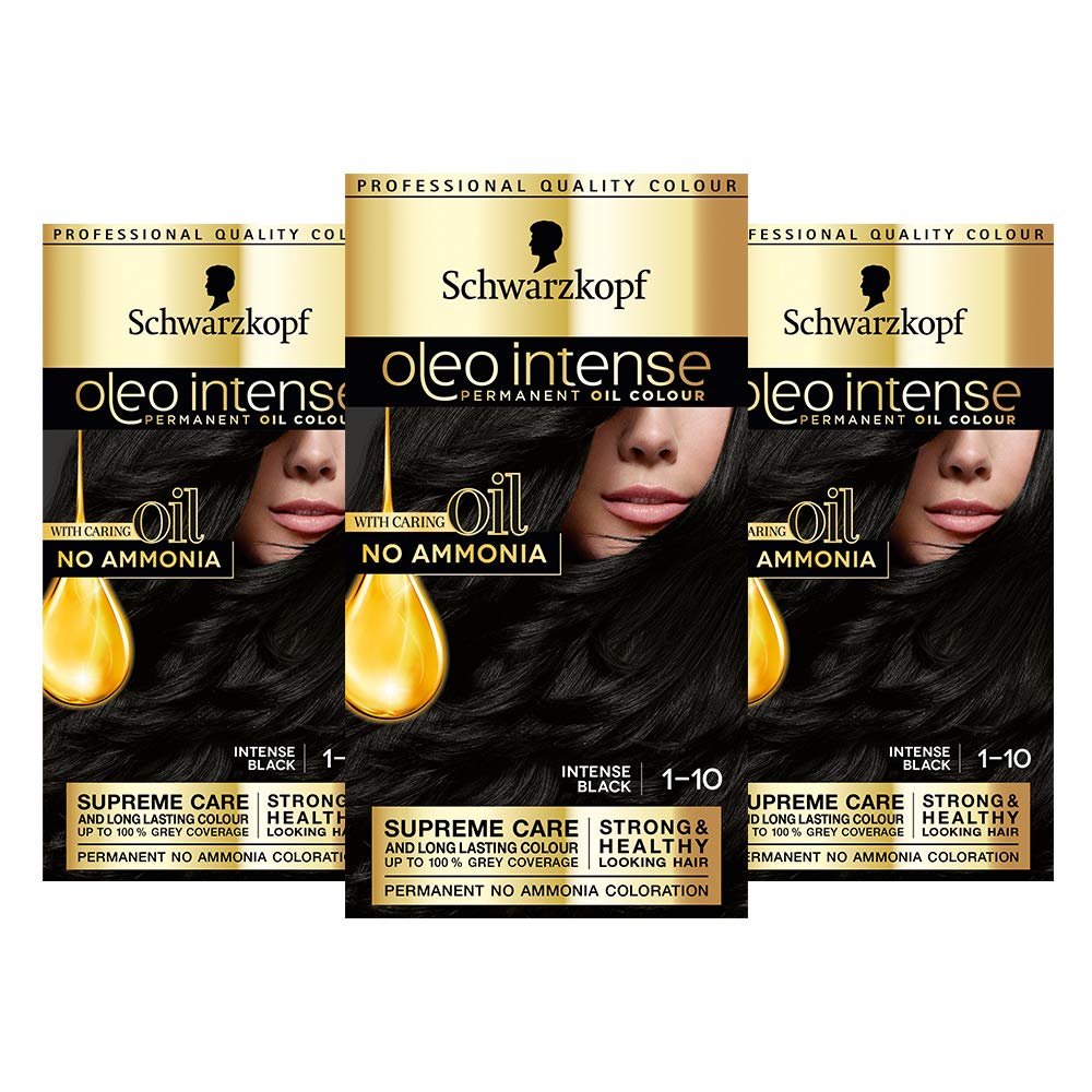 Schwarzkopf Oleo Intense Black Hair Dye, 3-Pack Permanent Oil Colour, No Ammonia, Covers Greys, Black 1-10 — image 1