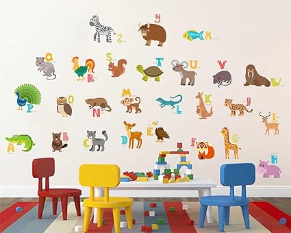 Rawpockets ABCD English Alphabets Animals Name Baby Wall Sticker (PVC Vinyl, 105 cm x 95cm)