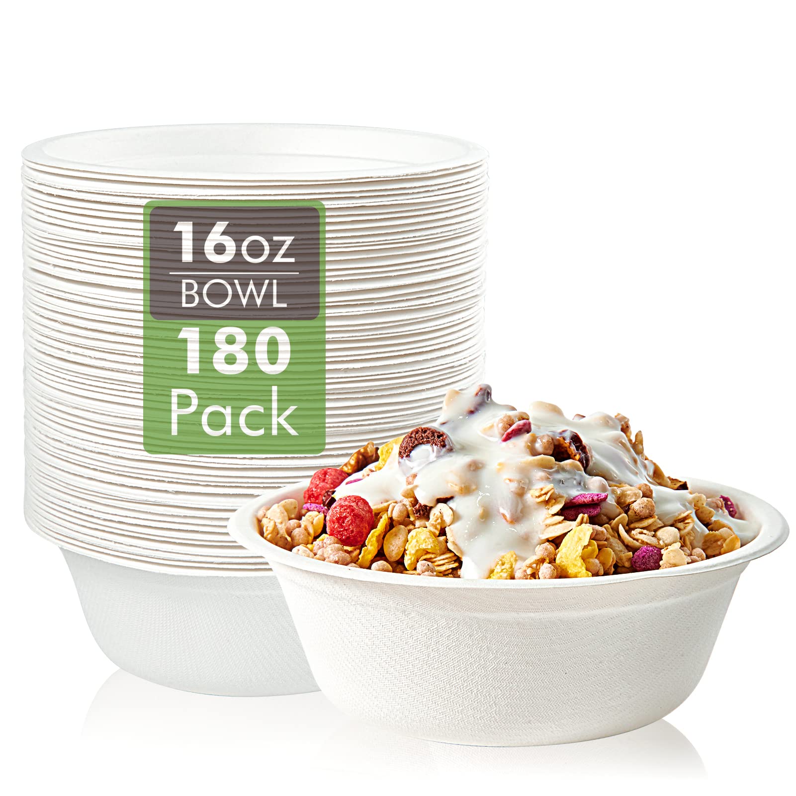 Photo 1 of Vplus 180 Pack 16 OZ Paper Bowls, Disposable Compostable Bulk, Eco-friendly Bagasse, Heavy-duty Bowls Perfect for Milk Cereals, Snacks, Salads