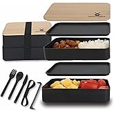 Bento Box Adult Lunch Box Set with Compartments – Stackable Dual-Layer Lunch Containers for Men & Women, Lightweight & Durable, Black Base & Wood Grain Lid, for Work, School, Travel, Meal & Prep