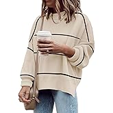 Women's Oversized Crewneck Sweaters Batwing Long Sleeve Side Slit Ribbed Knit Pullover Sweater Tops