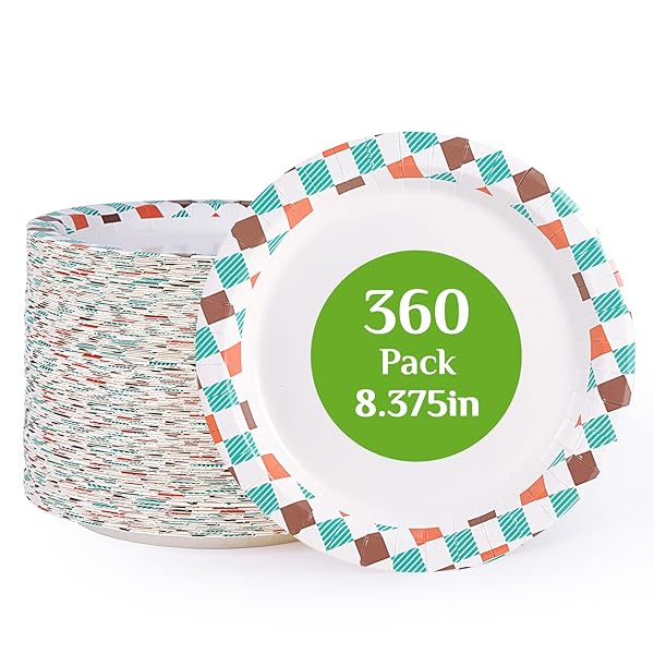 FOCUSLINE 360PACK DISPOSABLE PLATES – 8.375 INCH, SOAK-PROOF & CUT-PROOF BULK PAPER PLATES FOR PARTIES, PICNIC AND FAMILY GATHERINGS