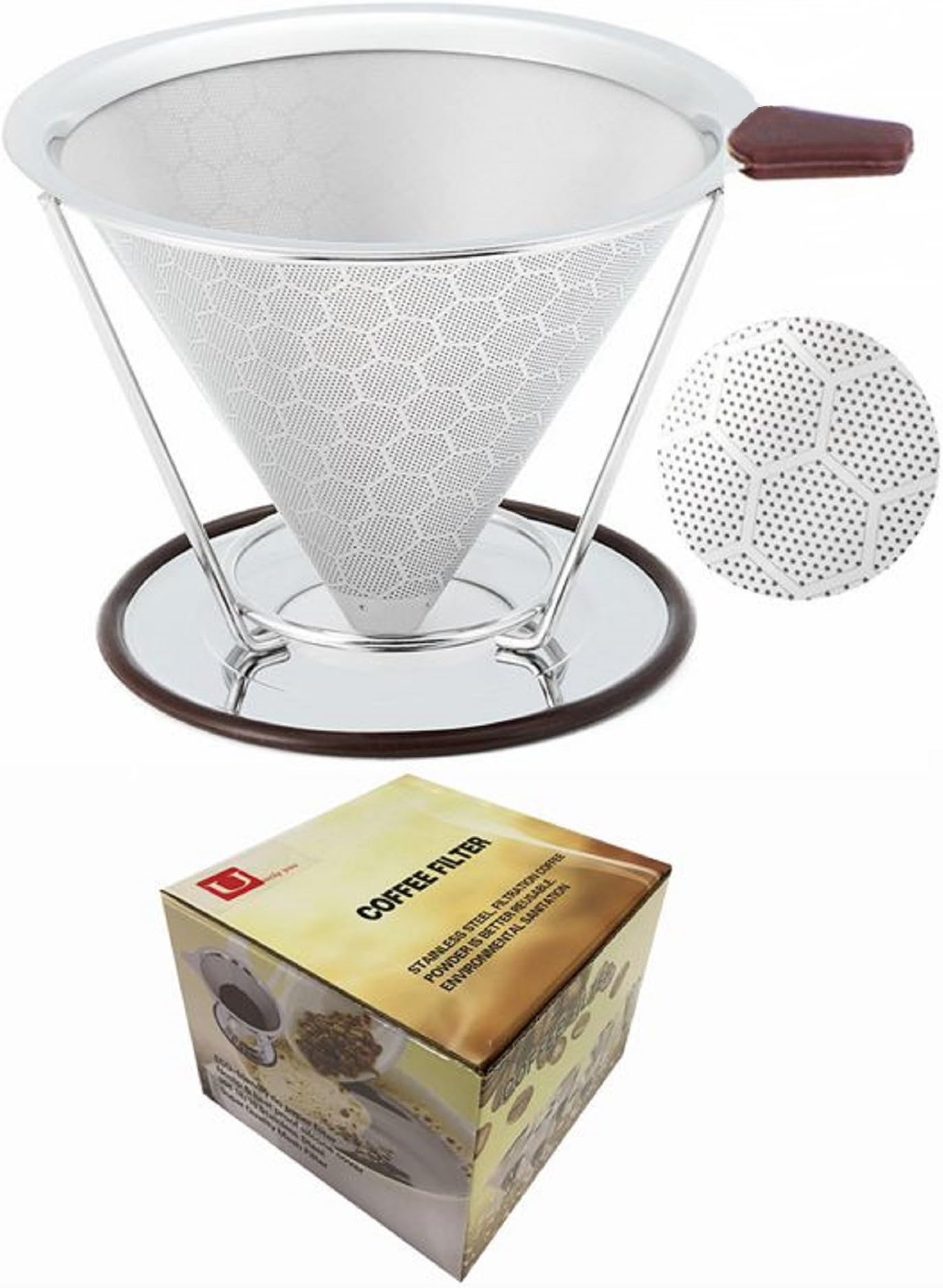 Reusable Coffee Filter Permanent Stainless Steel Coffee Dripper with Separate Stand,Double Layered Filter,Fashion Honeycomb Design,Pour Over Coffee Dripper for 1-4 Cups by U Only You (Stainless Steel)