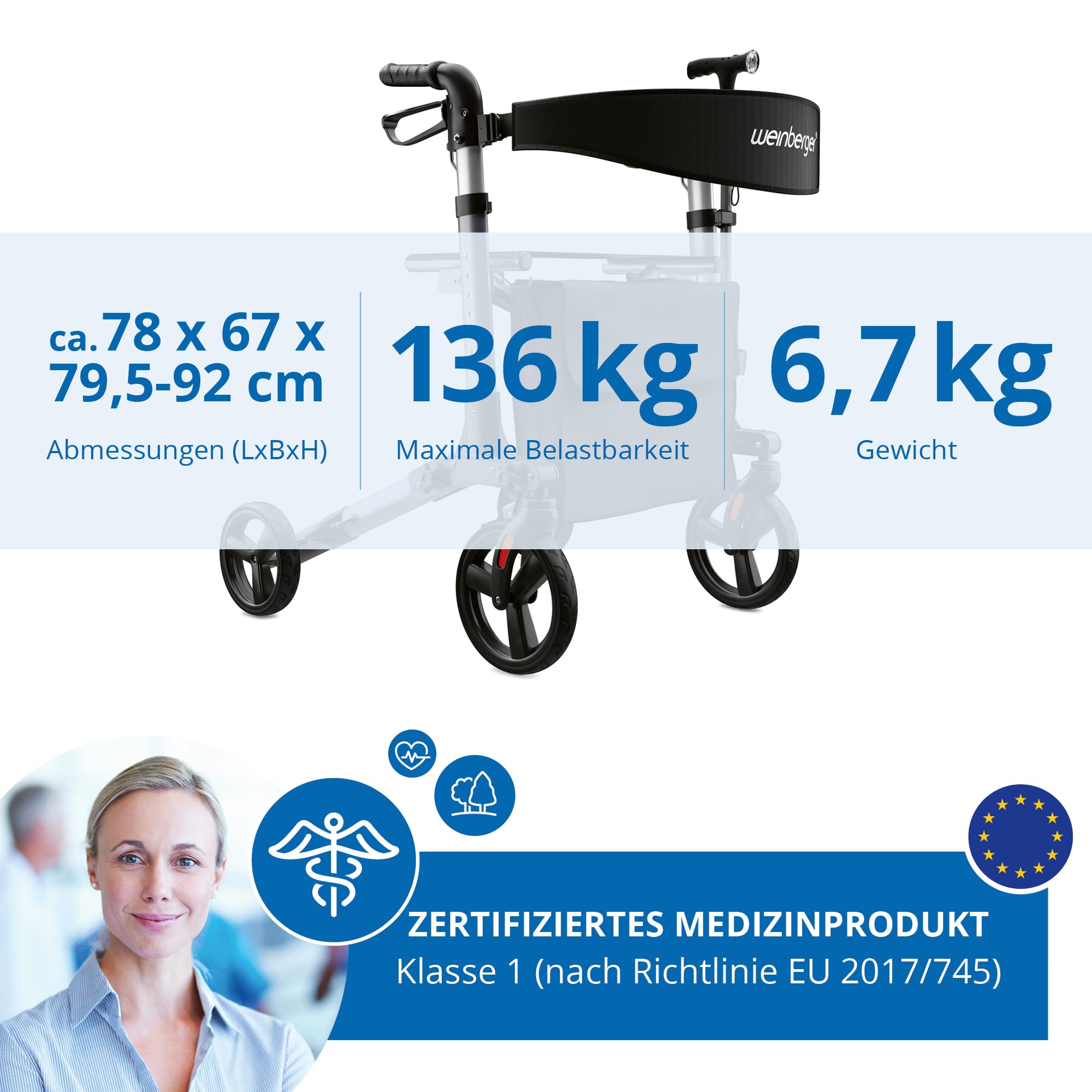 Weinberger Alu-Rollator, 3-fach faltbar, klein, klappbar, einfach, leicht Transport, Medizinprodukt Klasse 1, für Drinnen und Draußen, Leichtgewicht: 7,6 kg, Gehwagen, Gehhilfe, 02394 5