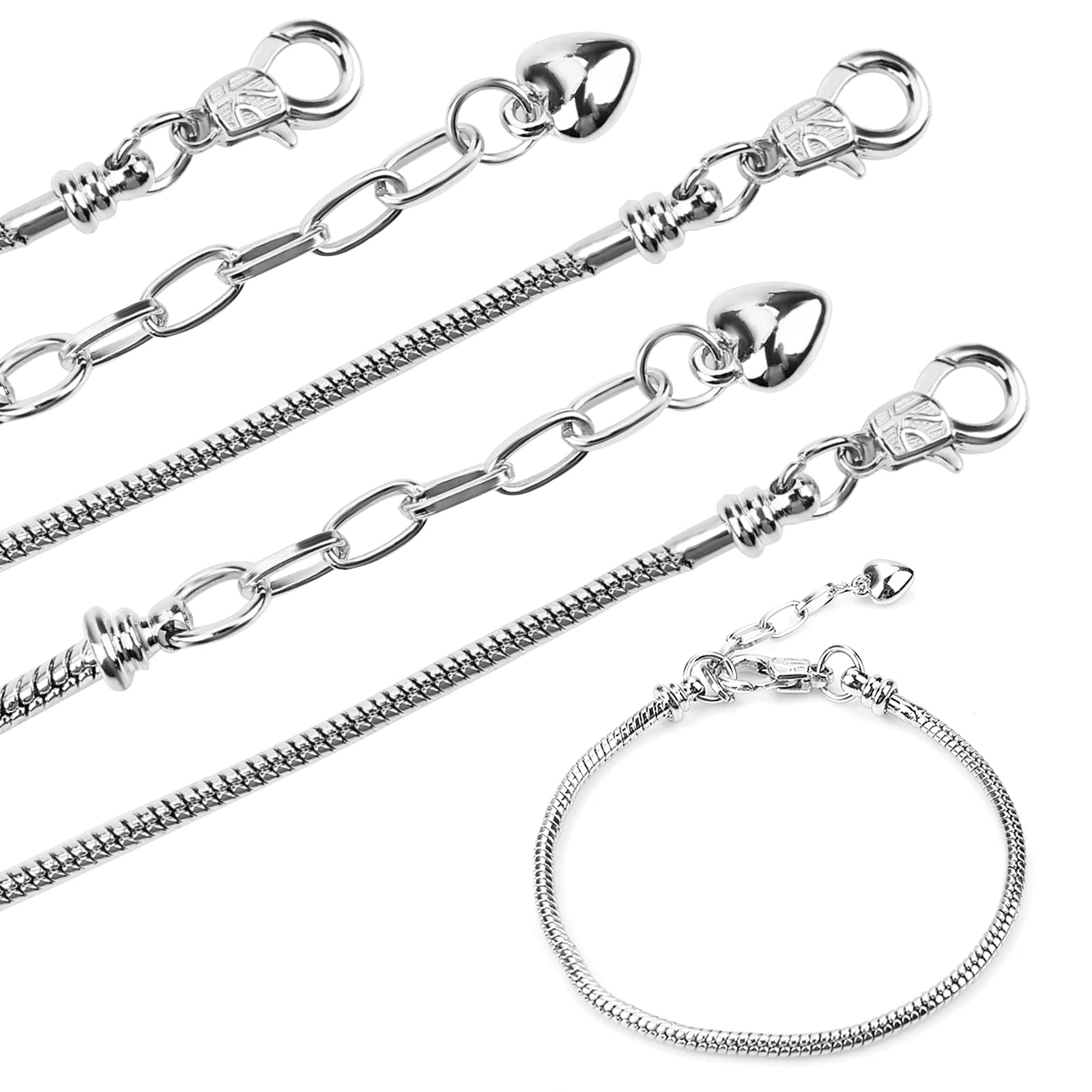 Abeillo 6-Piece Jewelry Making Set, 20cm Snake Chains with Heart, Lobster Clasp, Extender, DIY Bracelet Chains for Women (Silver)