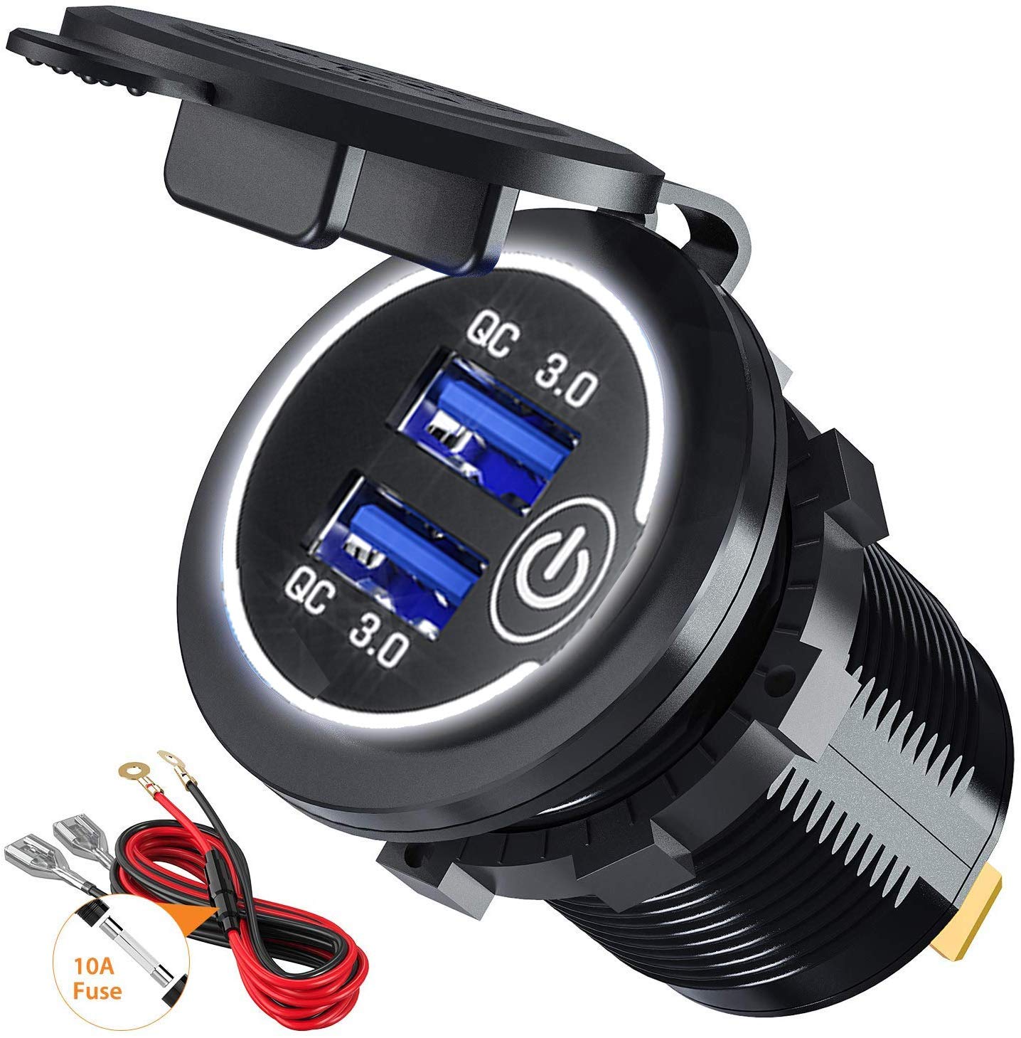 Car Charger Socket 12V/24V 36W Dual QC3.0 USB Fast Charger Socket Power Outlet with Touch Switch for Marine, Boat, Motorcycle, Truck, Golf Cart (White)