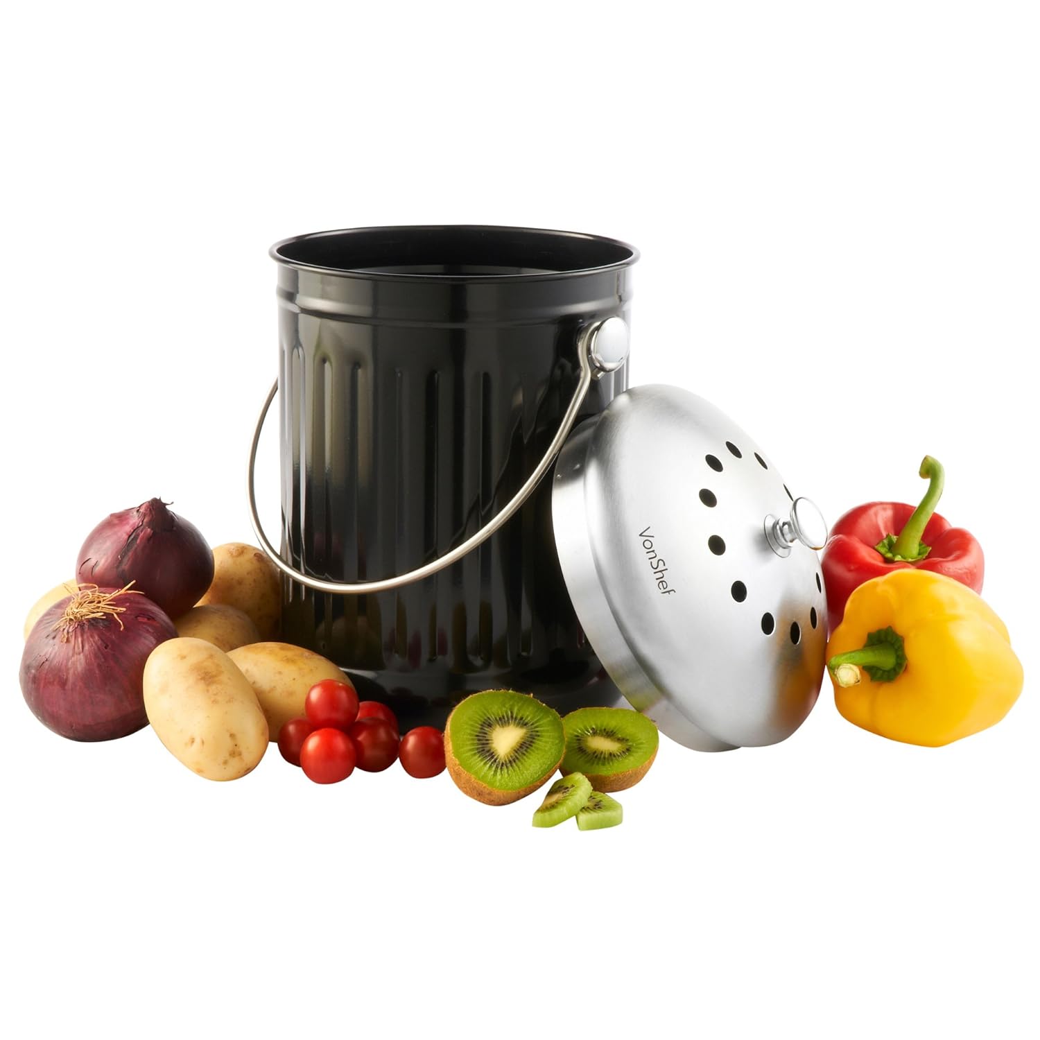 VonShef Countertop Recycling Bin for Food Waste, Black Stainless Steel