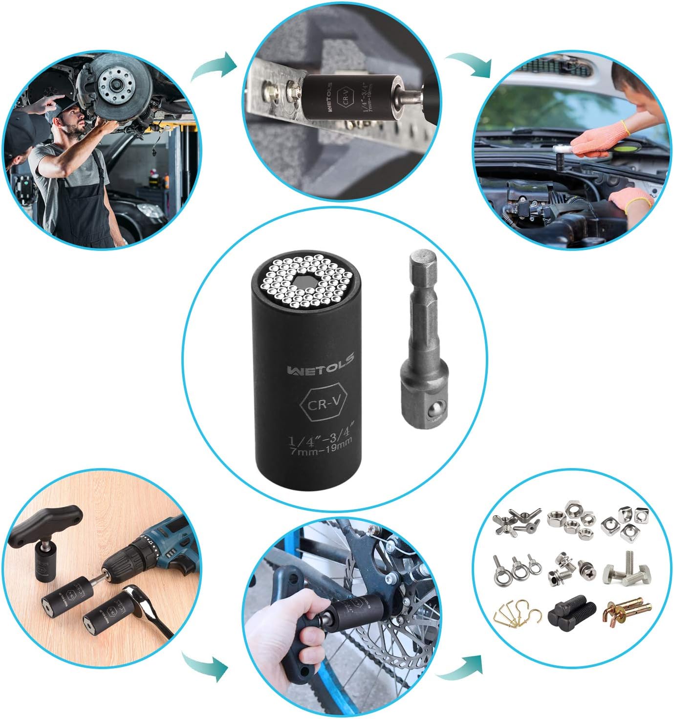 Wetols Universal Socket, Grip Socket Set Fits Standard 1/4'' - 3/4'' Metric 7mm-19mm, with Multi-Function Power Drill Adapter, Best Tool Gift for Men Father Dad Husband Boyfriend - - 