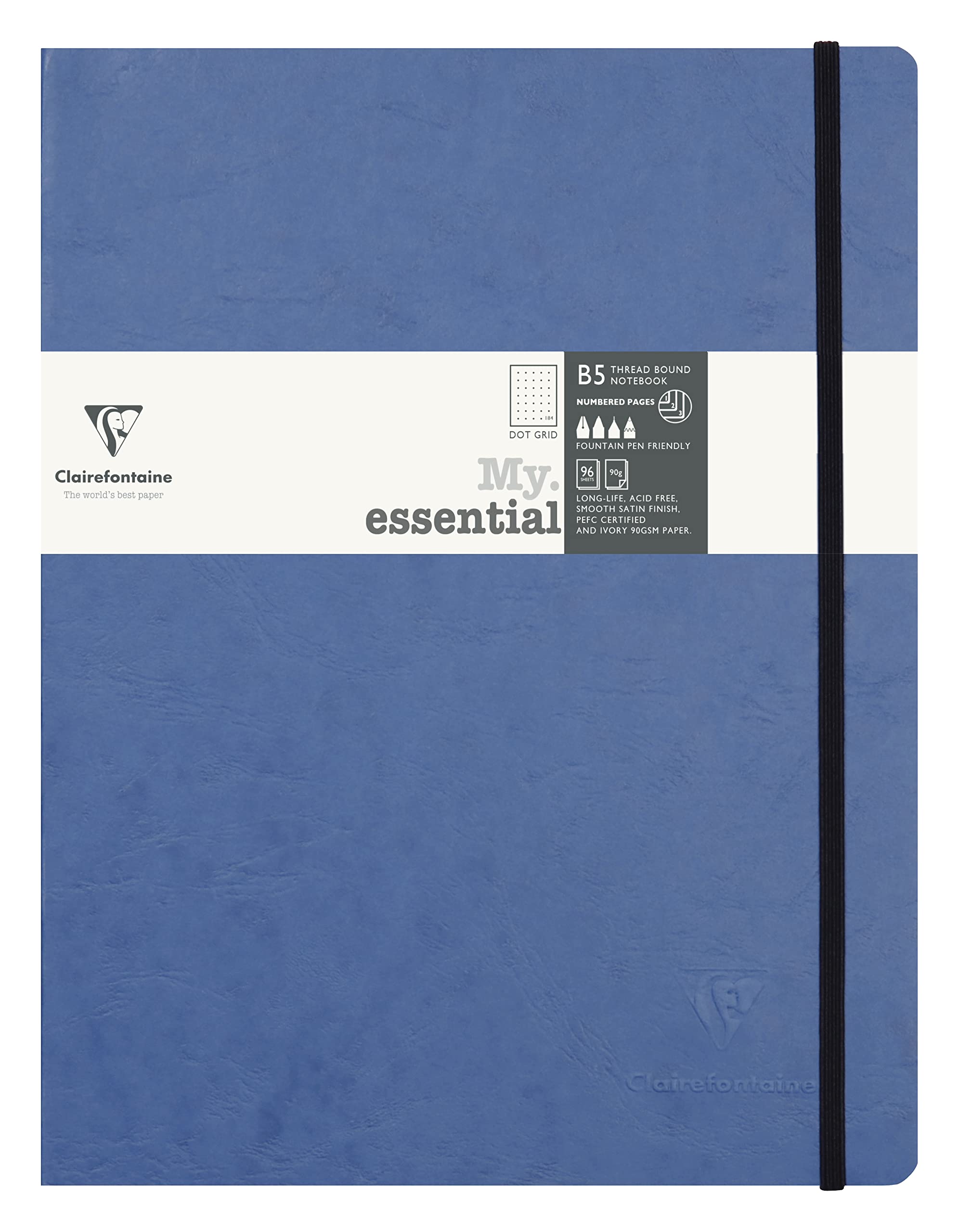 Clairefontaine 794434C Collection Age Bag Stitched MyEssential Elastic Notebook Blue - B5 19x25cm - 192 DOT Numbered Pages - 90g Ivory Paper - Cover Leather