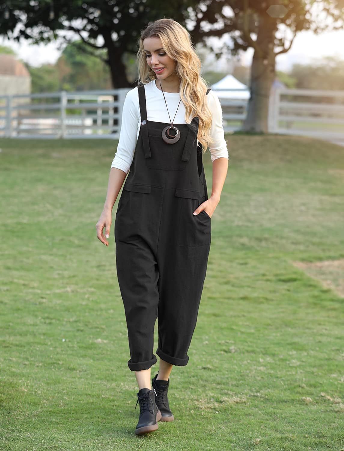 YESNO Women Long Casual Loose Bib Pants Overalls Baggy Rompers Jumpsuits with Pockets PV9: Clothing