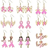 Pink Ribbon Breast Cancer Awareness Earrings - 9/12 Pairs Drop Dangle Enamel Pink Ribbon Breast Cancer Jewelry Accessories Survivor Gifts