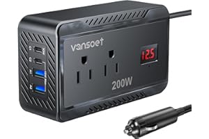Vansoet 200W Car Power Inverter DC 12V to 110V AC Converter with [PD 30W & 15W] Fast Charging USB C/3.0A Dual USB Charging Ports, Car Outlet Adapter for Phone, Laptop on Road Trip (Black)