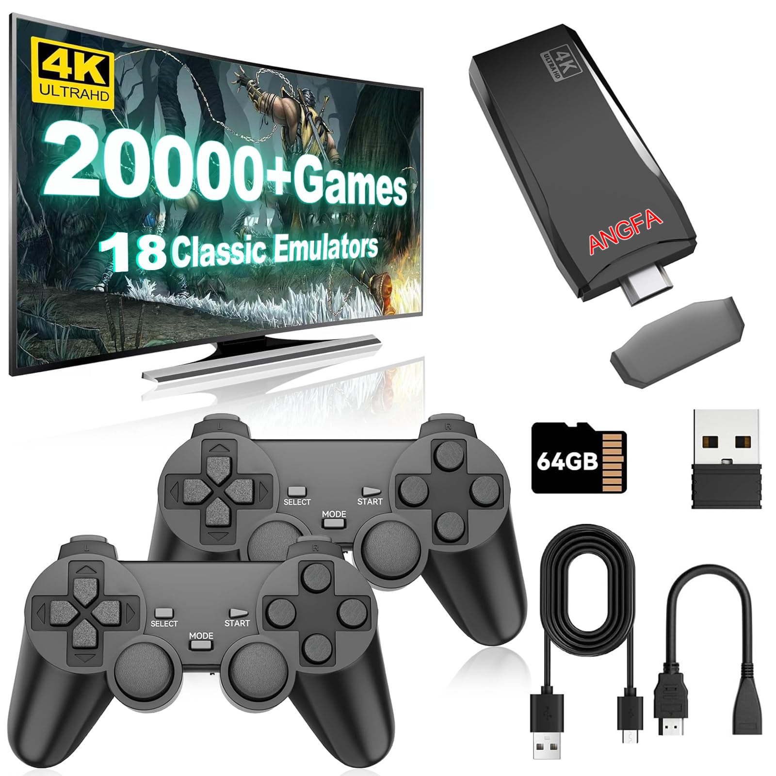 thumbnail image 2 of Retro Game Stick 4K HDMI Console With 64GB Storage & 20,000+ Classic Games - 2 Wireless Controllers, Dual-Core Cortex-A7 2 of 6