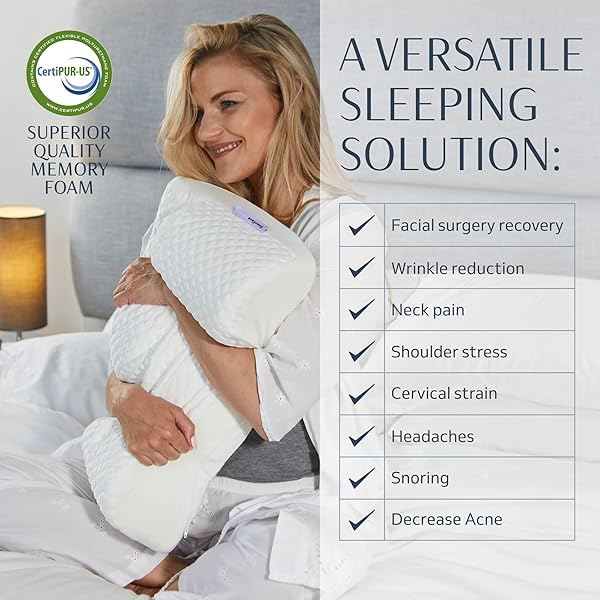 YOURFACEPILLOW, BACK SLEEPER BEAUTY PILLOW, CERVICAL NECK PILLOW CONTOUR MEMORY FOAM PILLOW, ERGONOMIC NECK, BACK & SHOULDER SUPPORT. BACK SLEEPING REDUCES PRESSURE ON SKIN – COOLING WITH SATIN CASE