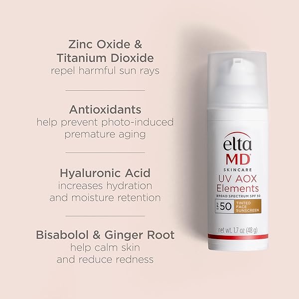 ELTAMD UV AOX ELEMENTS TINTED MINERAL FACE SUNSCREEN LOTION, TINTED MOISTURIZER FOR FACE SPF 50 WITH ANTIOXIDANTS, FOR DRY SENSITIVE SKIN 1.7 OZ PUMP