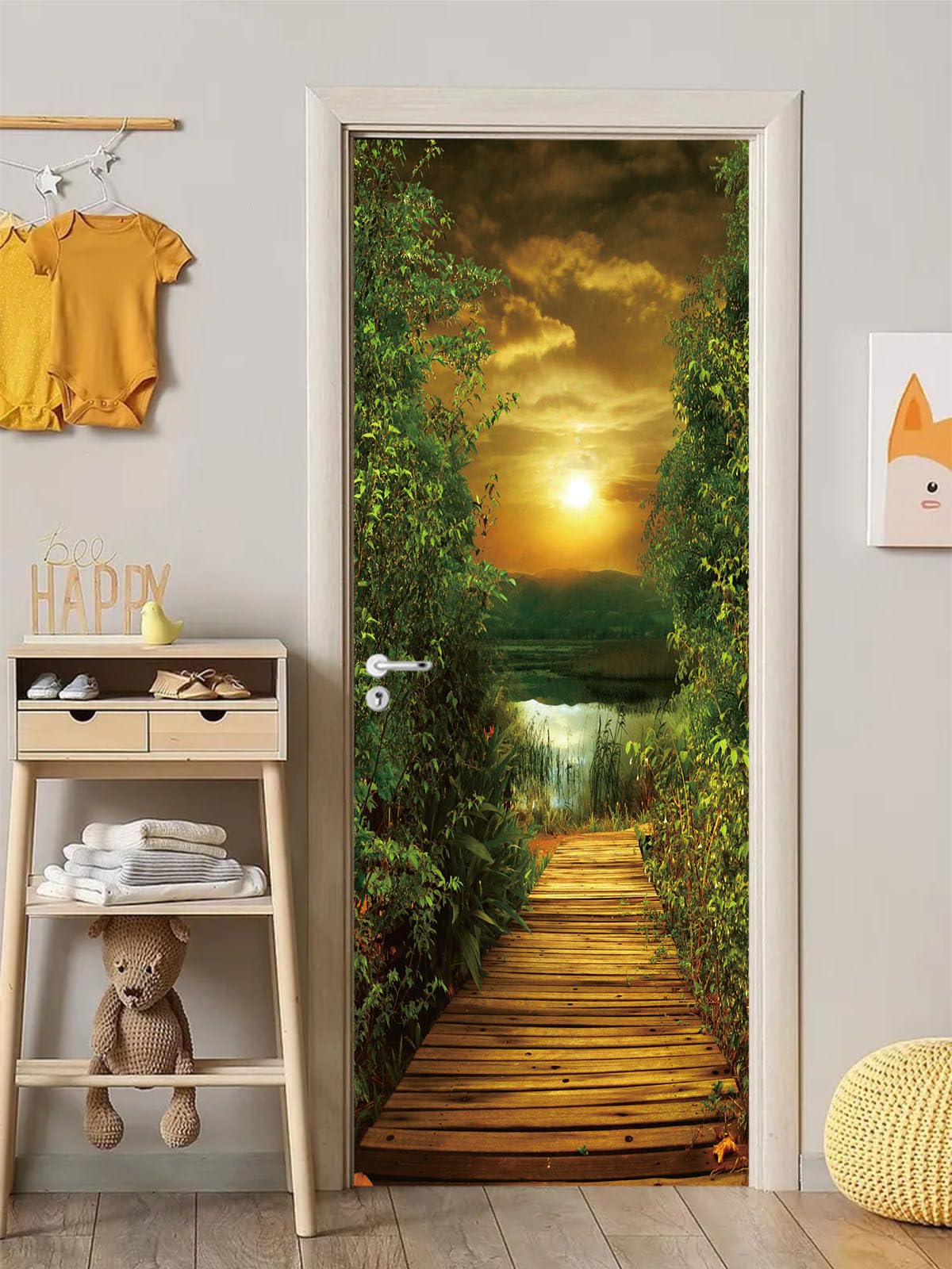 FLFK 3D Sunset Wood Bridge Door Murals Peel and Stick 77x200cm-Self-adhesiv Door Wallpaper Wall Stickers Poster for Bedroom Decor(2Pcs/Set)