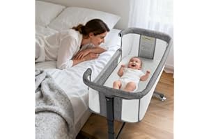 Kinder King Baby Bassinet w/Wheels, Folding Portable Newborn Bedside Sleeper, All-Sided Mesh Infant Crib, Adjustable Height, Removable Soft Mattress, No Tool to Assemble, Grey