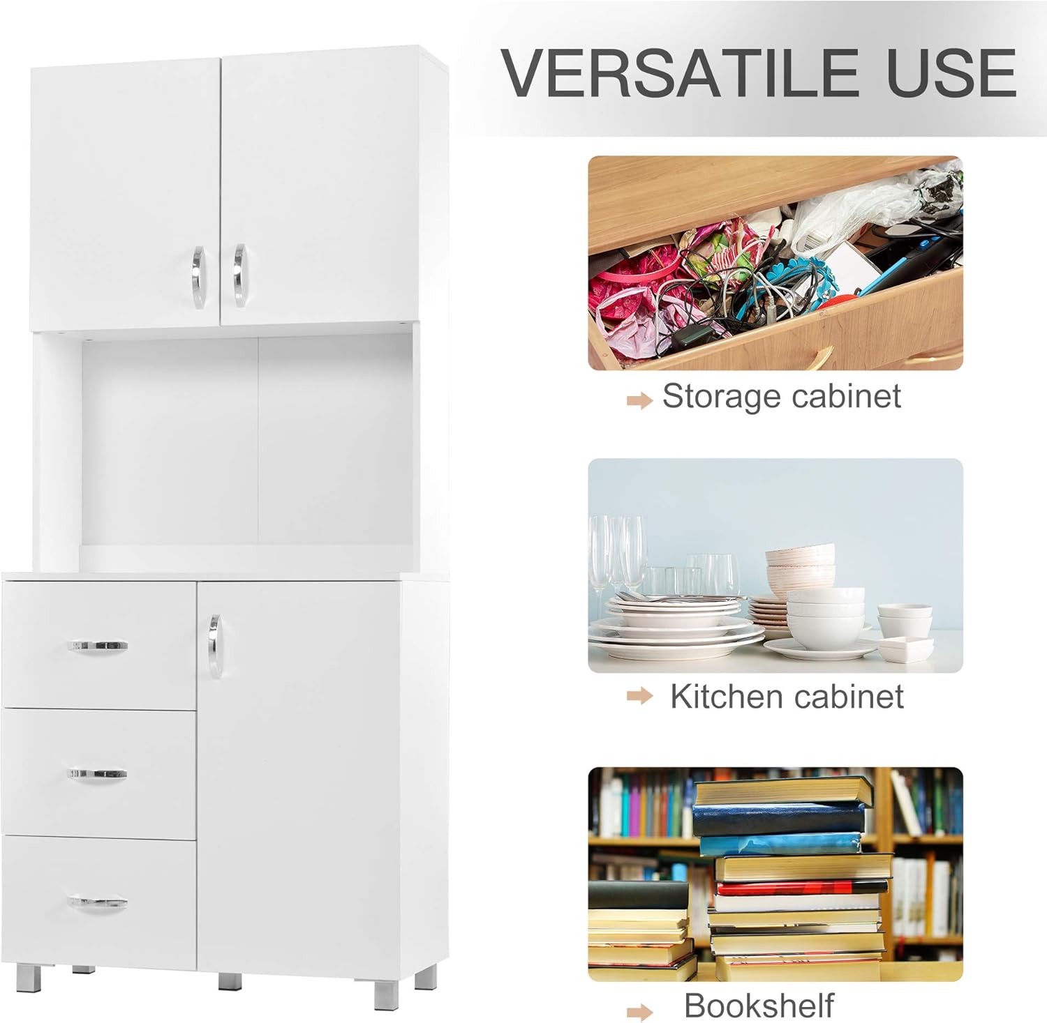 HOMCOM Freestanding Kitchen Buffet with Hutch Storage Pantry with 2 Cabinets, 3 Drawers and 1 Open Space, Adjustable Height Unit, White: Furniture & Decor