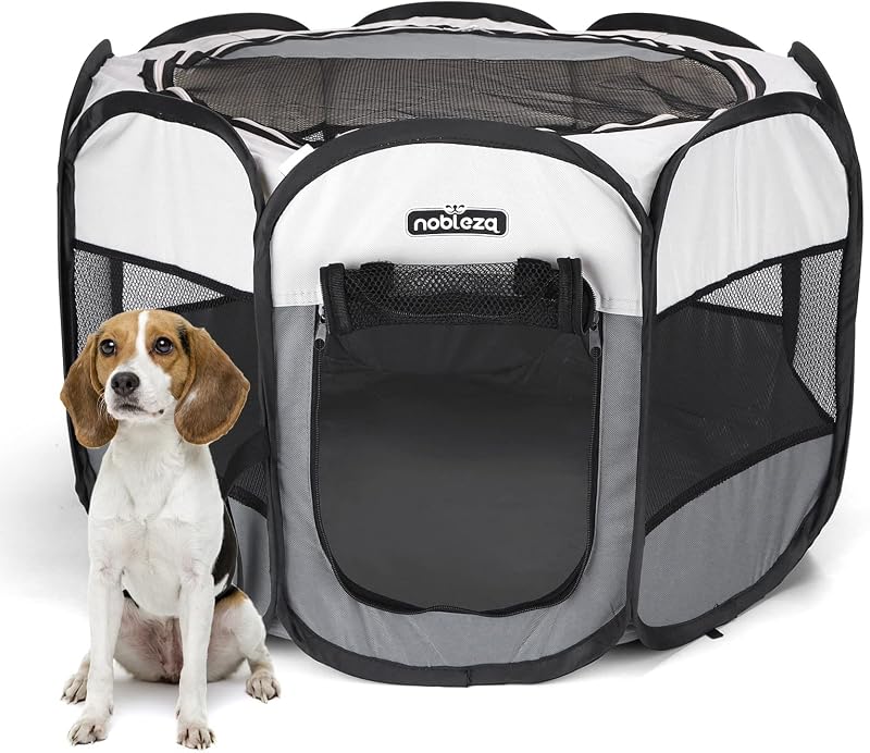 Nobleza Pet Playpen Portable Foldable Dog Cat Pen 32.3x32.3x22.8in Beige Gray