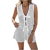 SOLY HUX Women's Summer 2 Piece Outfits Striped Bow Tie Front V Neck Tank Tops and Shorts Set