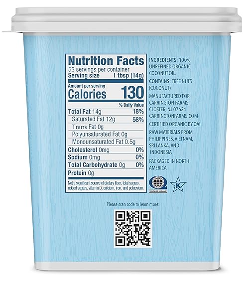 CARRINGTON FARMS ORGANIC VIRGIN COCONUT OIL – MULTI-USE, GLUTEN FREE, UNREFINED, COLD-PRESSED, FOR SKIN & HAIR CARE, COOKING, BAKING, SMOOTHIES, 25 OZ