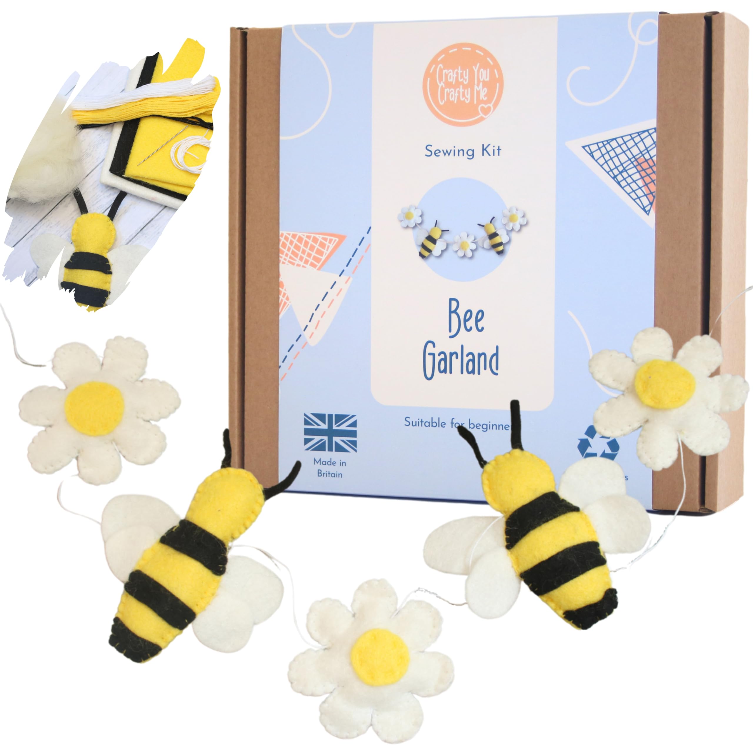 Crafty You Crafty Me - Bee and Flower Wool Blend Felt Garland, Sewing Craft Kit Activity Gift, Craft Kit for Adults, Women, Teens,Made in UK